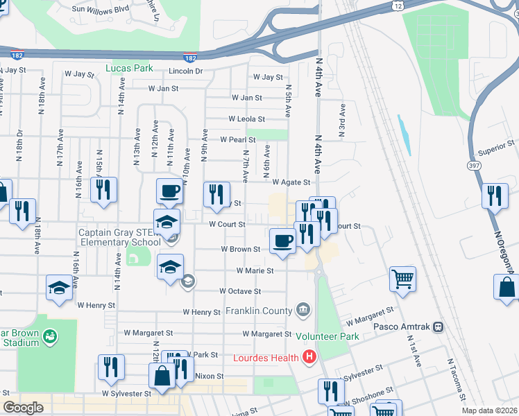 map of restaurants, bars, coffee shops, grocery stores, and more near 728 West Ruby Street in Pasco