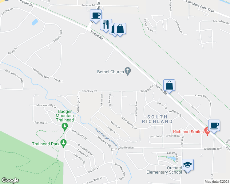 map of restaurants, bars, coffee shops, grocery stores, and more near 611 Shockley Road in Richland