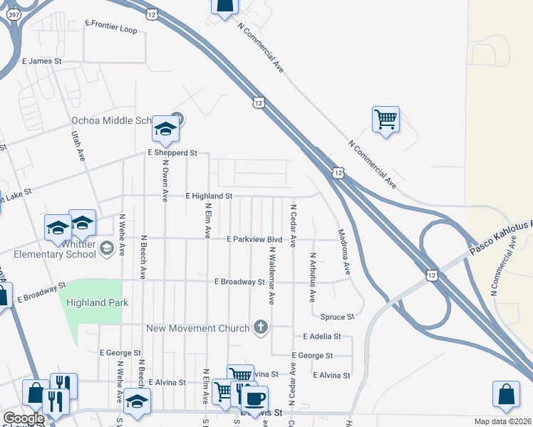 map of restaurants, bars, coffee shops, grocery stores, and more near 824 North Waldemar Avenue in Pasco