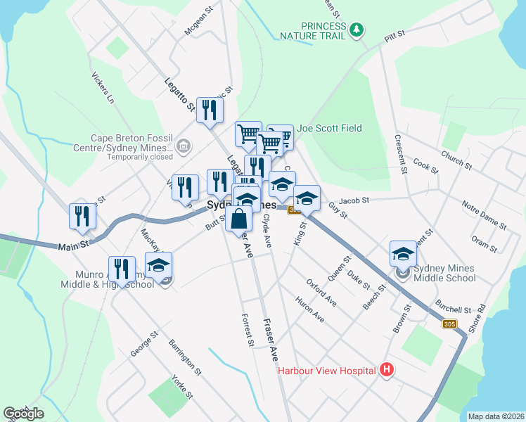 map of restaurants, bars, coffee shops, grocery stores, and more near 785 Main Street in Sydney Mines