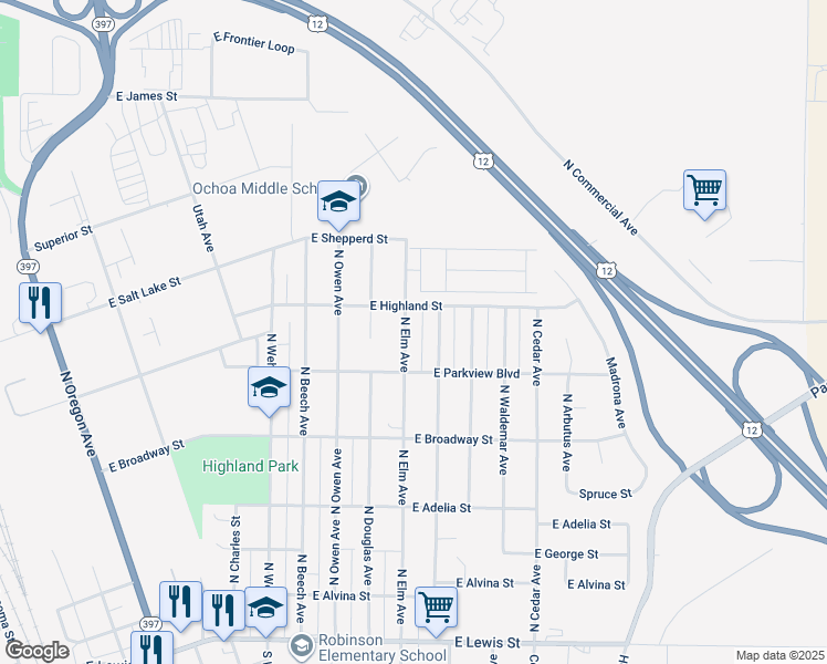 map of restaurants, bars, coffee shops, grocery stores, and more near 823 North Elm Avenue in Pasco