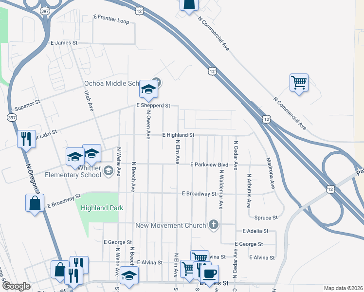 map of restaurants, bars, coffee shops, grocery stores, and more near 823 N Elm Ave in Pasco