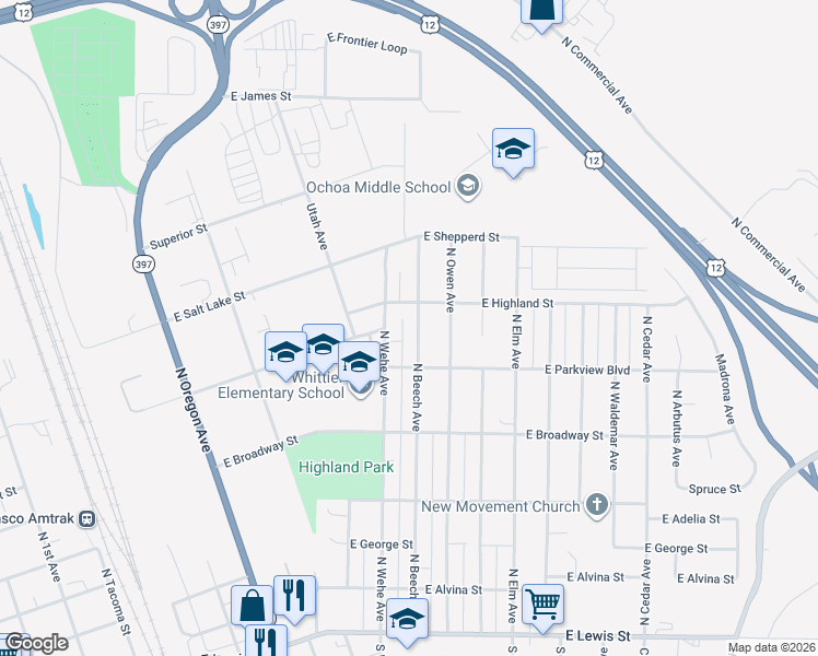 map of restaurants, bars, coffee shops, grocery stores, and more near 814 North Beech Avenue in Pasco