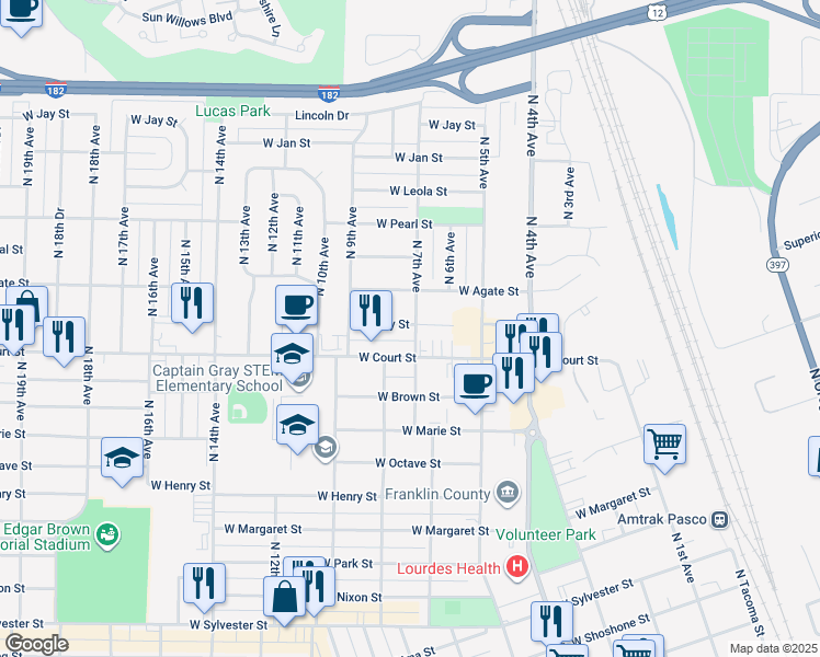 map of restaurants, bars, coffee shops, grocery stores, and more near 916 West Ruby Street in Pasco