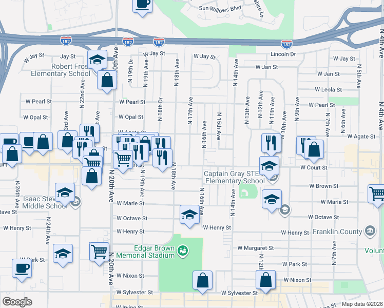 map of restaurants, bars, coffee shops, grocery stores, and more near 1511 North 17th Avenue in Pasco