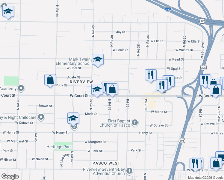 map of restaurants, bars, coffee shops, grocery stores, and more near 1516 North 37th Place in Pasco