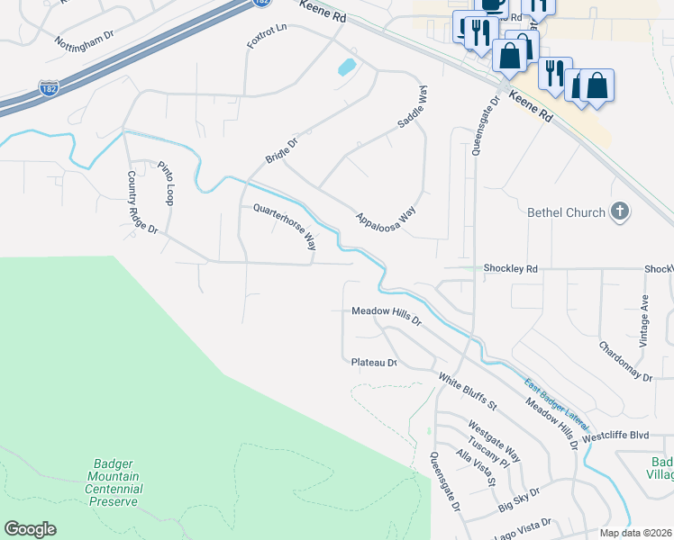 map of restaurants, bars, coffee shops, grocery stores, and more near 2611 Thoroughbred Way in Richland