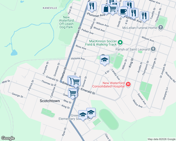 map of restaurants, bars, coffee shops, grocery stores, and more near 3452 Macleod Avenue in New Waterford