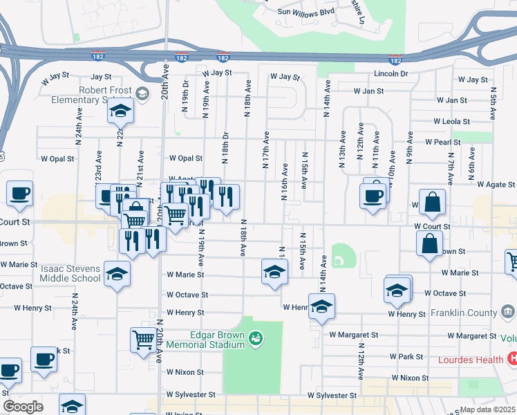 map of restaurants, bars, coffee shops, grocery stores, and more near 1511 North 18th Avenue in Pasco