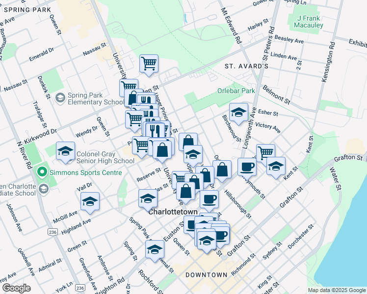 map of restaurants, bars, coffee shops, grocery stores, and more near 94 Upper Prince Street in Charlottetown