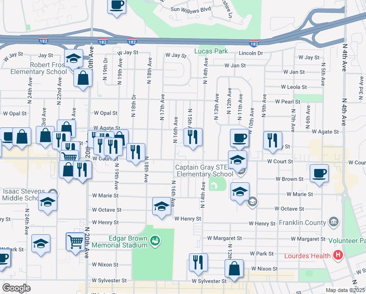 map of restaurants, bars, coffee shops, grocery stores, and more near 1525 North 16th Avenue in Pasco