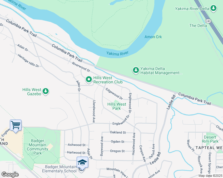 map of restaurants, bars, coffee shops, grocery stores, and more near 165 Edgewood Drive in Richland