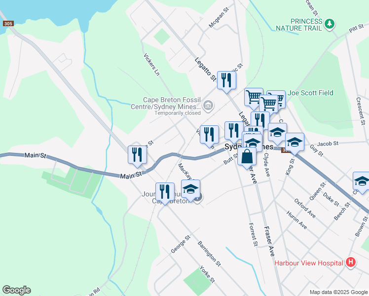 map of restaurants, bars, coffee shops, grocery stores, and more near 7 Brooklyn Avenue in Sydney Mines