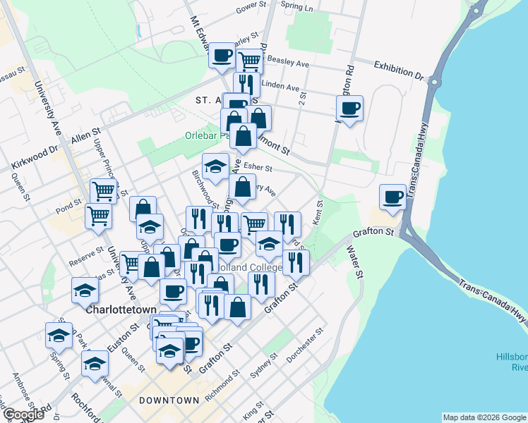 map of restaurants, bars, coffee shops, grocery stores, and more near 97 Edward Street in Charlottetown