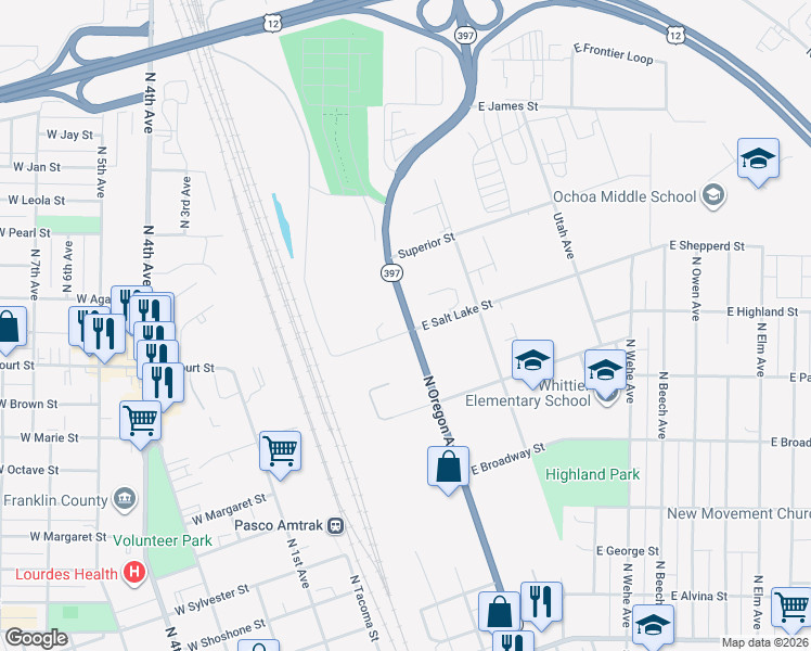 map of restaurants, bars, coffee shops, grocery stores, and more near 1010 North Oregon Avenue in Pasco