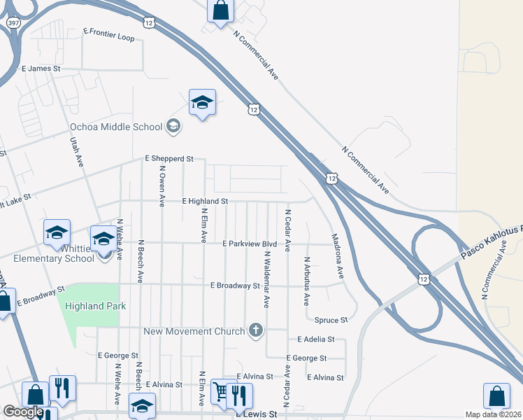 map of restaurants, bars, coffee shops, grocery stores, and more near 824 North Waldemar Avenue in Pasco