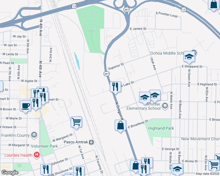 map of restaurants, bars, coffee shops, grocery stores, and more near 1010 North Oregon Avenue in Pasco