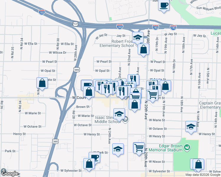 map of restaurants, bars, coffee shops, grocery stores, and more near 1704 North 24th Avenue in Pasco