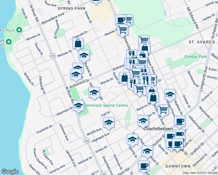 map of restaurants, bars, coffee shops, grocery stores, and more near 9 Royal Court in Charlottetown