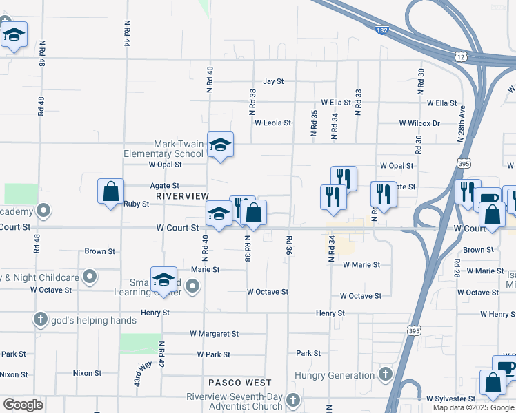 map of restaurants, bars, coffee shops, grocery stores, and more near 1516 North 37th Place in Pasco