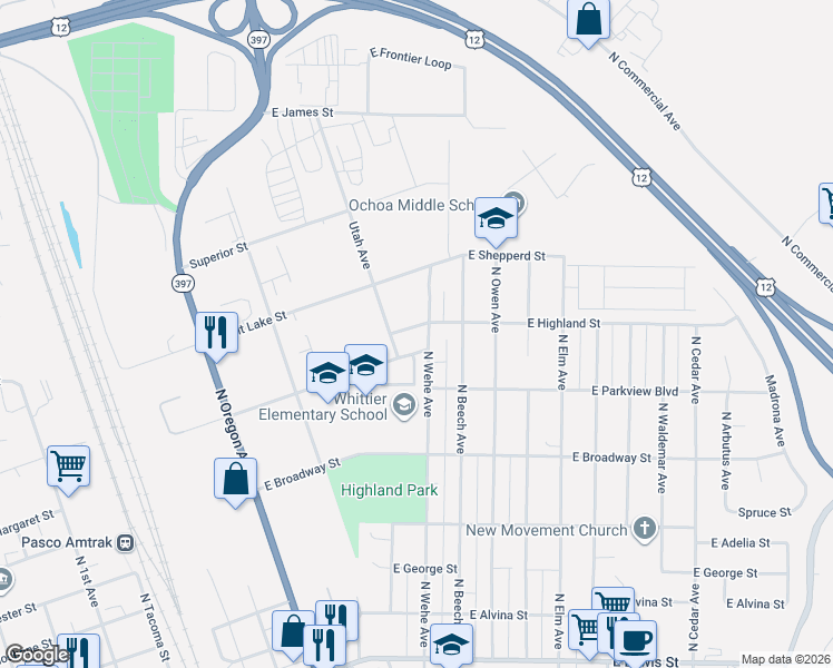 map of restaurants, bars, coffee shops, grocery stores, and more near 812 North Wehe Avenue in Pasco