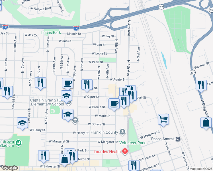 map of restaurants, bars, coffee shops, grocery stores, and more near 728 West Ruby Street in Pasco