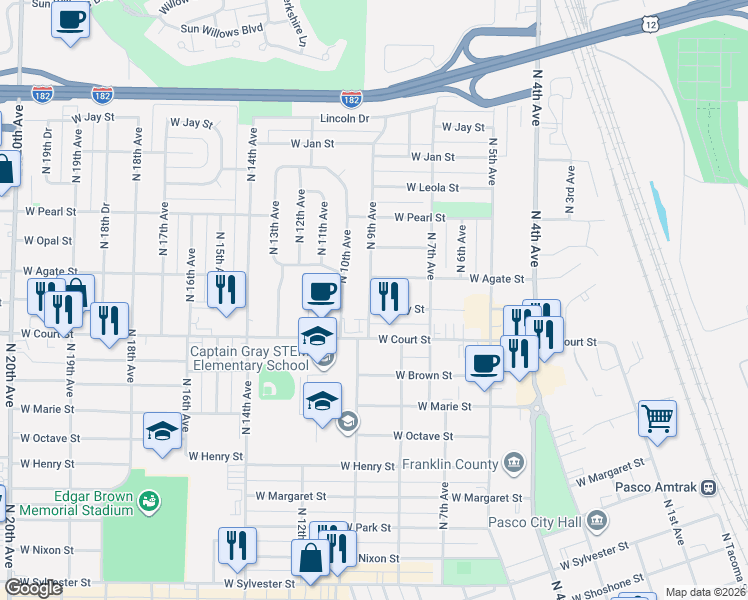 map of restaurants, bars, coffee shops, grocery stores, and more near 942 West Ruby Street in Pasco