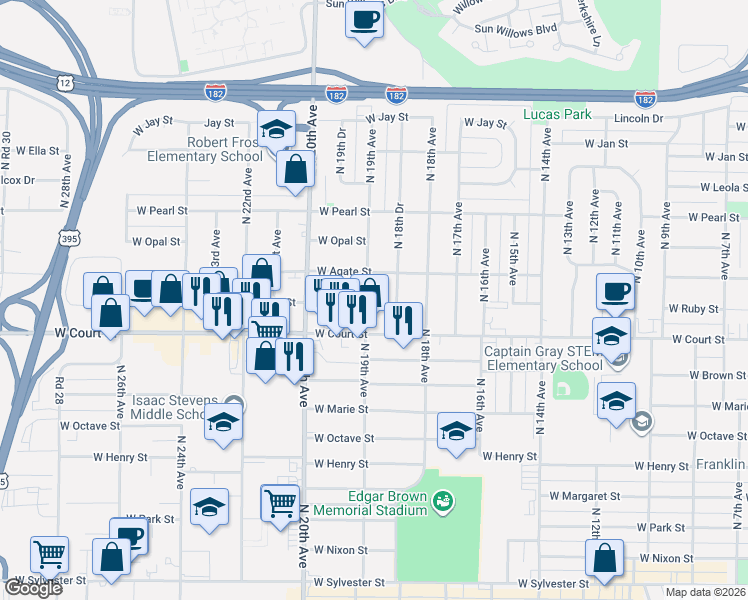 map of restaurants, bars, coffee shops, grocery stores, and more near 1909 West Court Street in Pasco