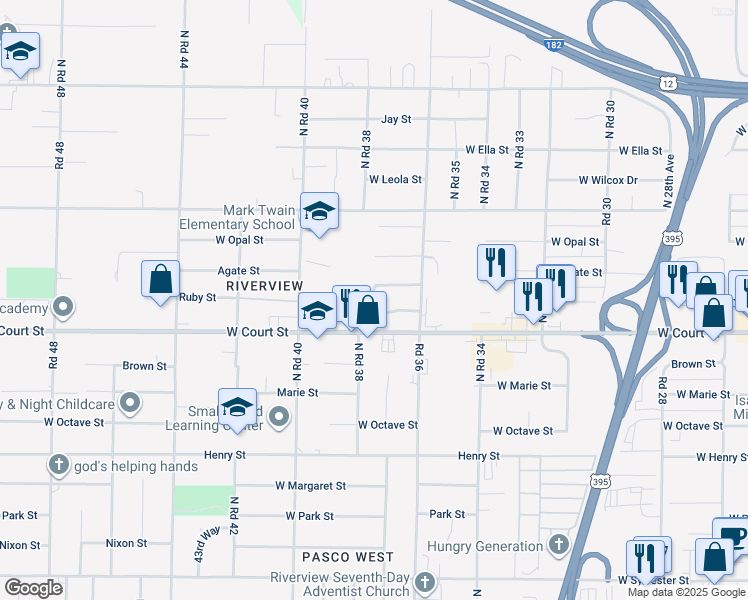 map of restaurants, bars, coffee shops, grocery stores, and more near 1516 North 37th Place in Pasco