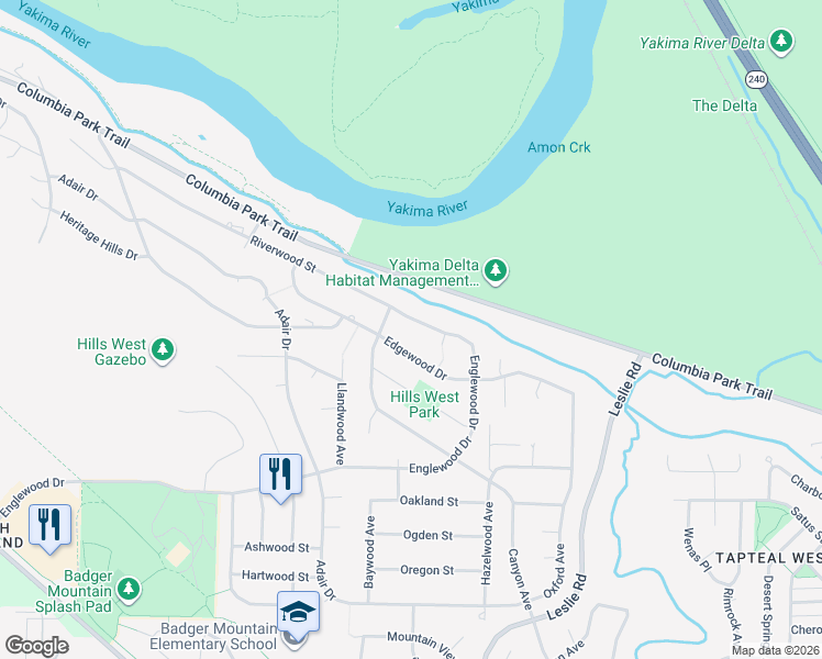 map of restaurants, bars, coffee shops, grocery stores, and more near 165 Edgewood Drive in Richland