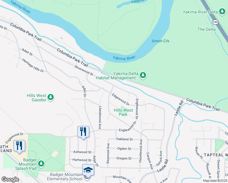 map of restaurants, bars, coffee shops, grocery stores, and more near 165 Edgewood Drive in Richland