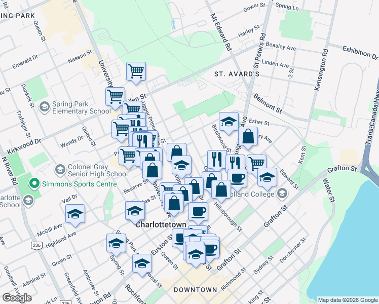 map of restaurants, bars, coffee shops, grocery stores, and more near 78 Upper Prince Street in Charlottetown