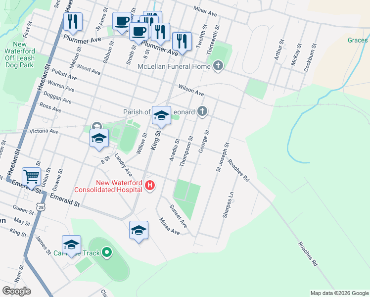 map of restaurants, bars, coffee shops, grocery stores, and more near 640 Thompson Street in New Waterford