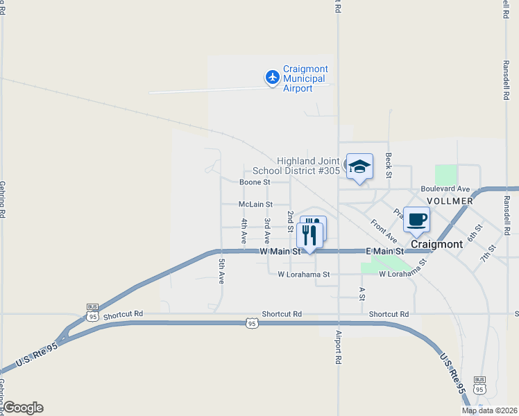 map of restaurants, bars, coffee shops, grocery stores, and more near 304 Halliday Street in Craigmont