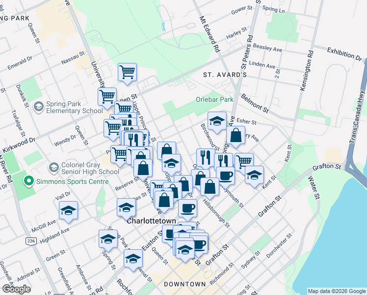 map of restaurants, bars, coffee shops, grocery stores, and more near 78 Upper Prince Street in Charlottetown