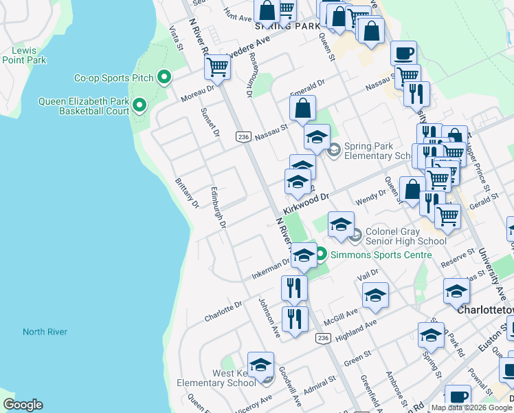 map of restaurants, bars, coffee shops, grocery stores, and more near 9 Redwood Lane in Charlottetown