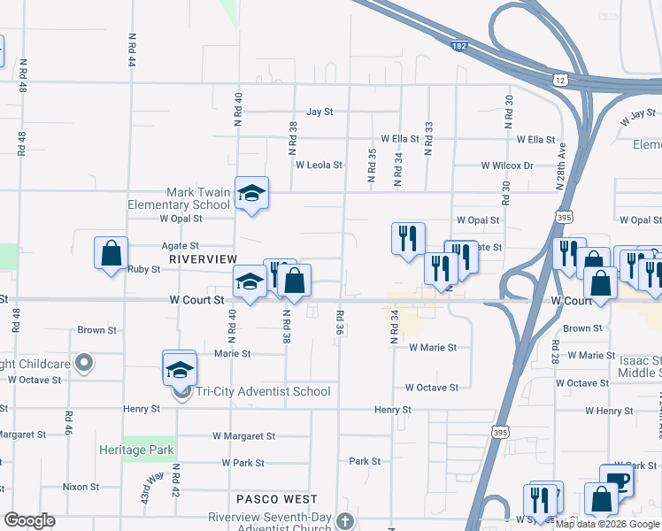 map of restaurants, bars, coffee shops, grocery stores, and more near 3612 W Ruby St in Pasco