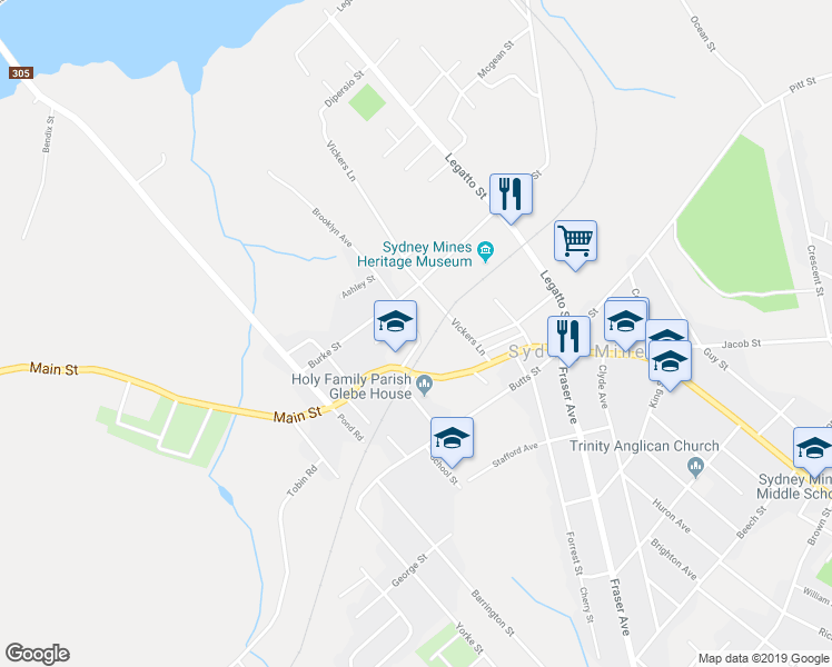 map of restaurants, bars, coffee shops, grocery stores, and more near 7 Brooklyn Avenue in Sydney Mines