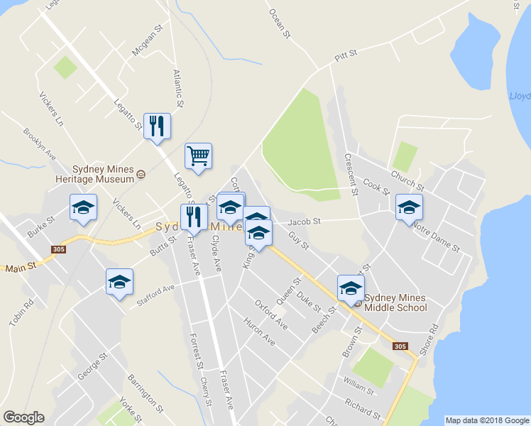 map of restaurants, bars, coffee shops, grocery stores, and more near 28 Guy Street in Sydney Mines