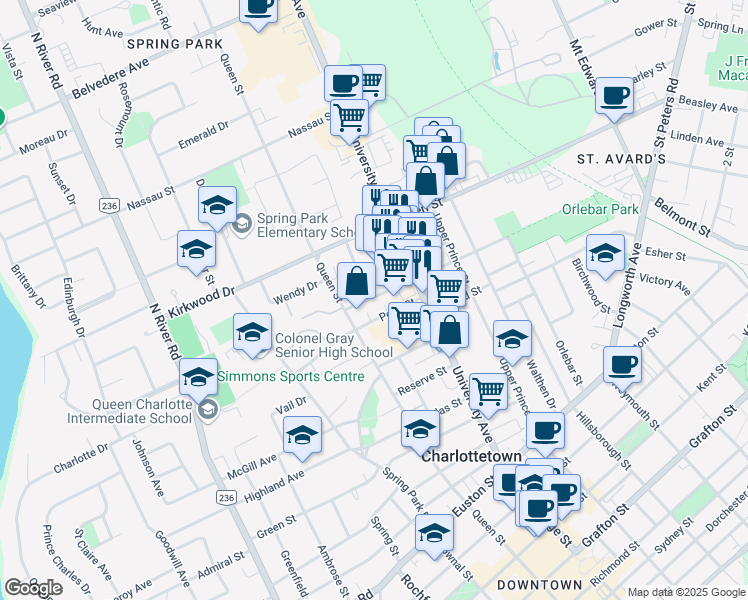 map of restaurants, bars, coffee shops, grocery stores, and more near 10 Summer Street in Charlottetown