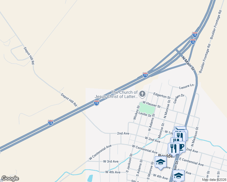 map of restaurants, bars, coffee shops, grocery stores, and more near Interstate 15 in Boulder