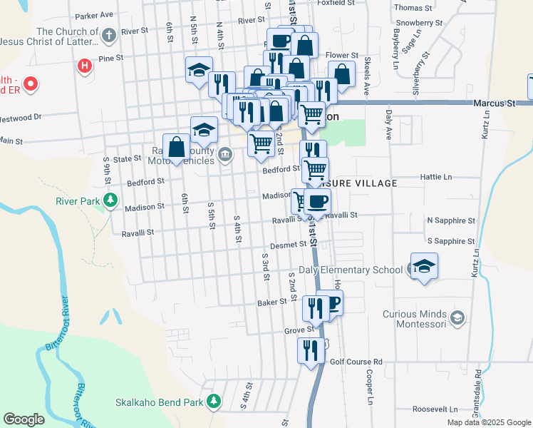 map of restaurants, bars, coffee shops, grocery stores, and more near Madison Street in Hamilton