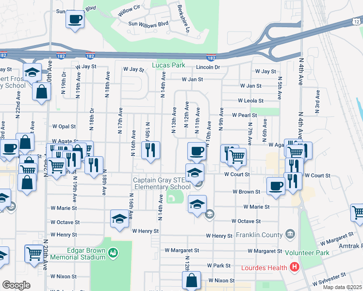 map of restaurants, bars, coffee shops, grocery stores, and more near 1806 North 13th Avenue in Pasco
