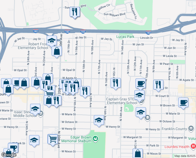 map of restaurants, bars, coffee shops, grocery stores, and more near 1712 West Agate Street in Pasco