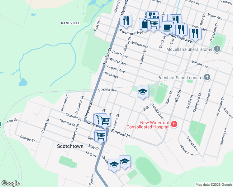 map of restaurants, bars, coffee shops, grocery stores, and more near 469 Victoria Avenue in New Waterford