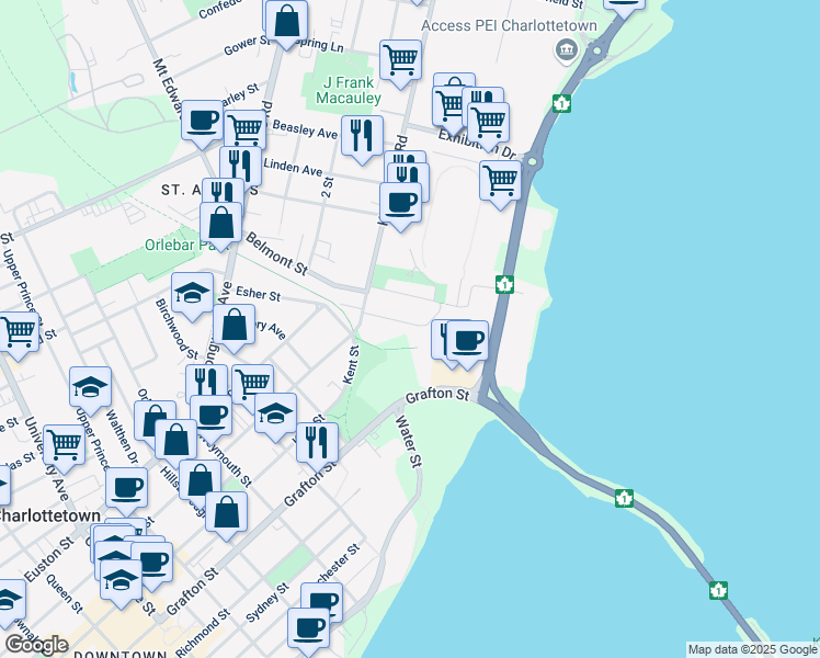 map of restaurants, bars, coffee shops, grocery stores, and more near 52 Beach Street in Charlottetown