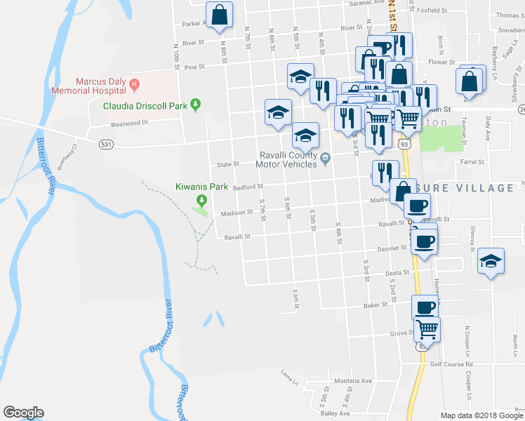 map of restaurants, bars, coffee shops, grocery stores, and more near Madison Street in Hamilton