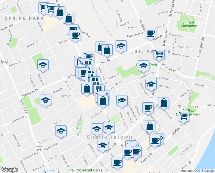 map of restaurants, bars, coffee shops, grocery stores, and more near 131 Upper Prince Street in Charlottetown