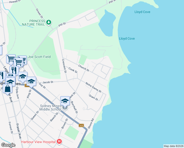 map of restaurants, bars, coffee shops, grocery stores, and more near 94 Church Street in Sydney Mines