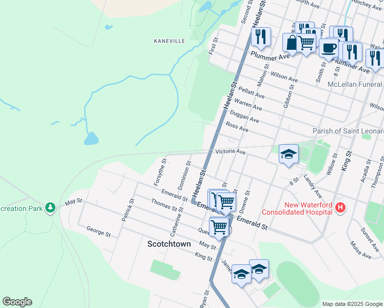 map of restaurants, bars, coffee shops, grocery stores, and more near Dominion Street in New Waterford